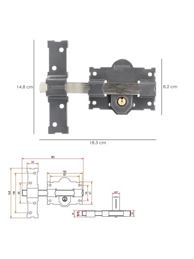 Cerrojo b-2 llave 2 lados pasador de 183mm cilindro redondo de 50mm