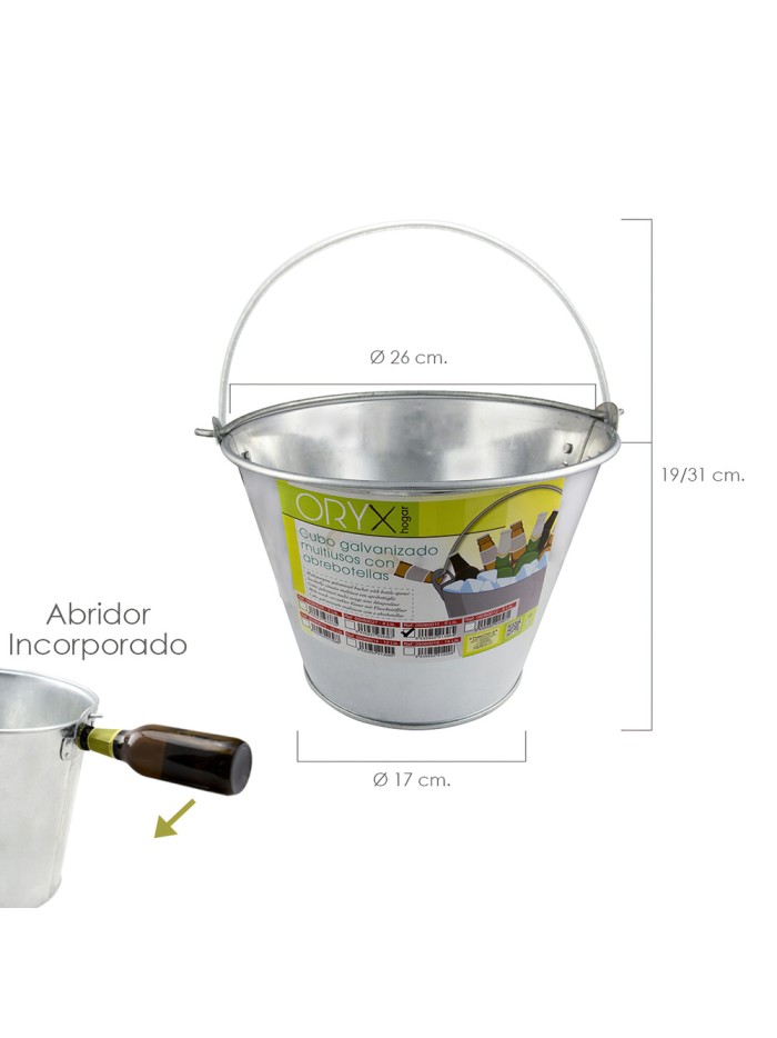 Cubo Zinc Metal Galvanizado Multiusos  6 Litros 26 x 17 x 19 (alt.) cm. con Abre Botellas