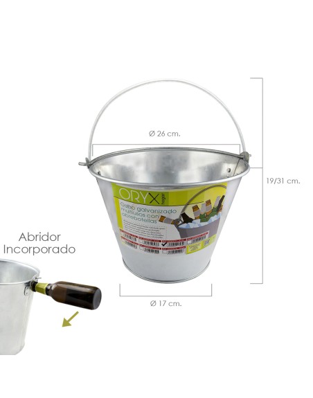 Cubo Zinc Metal Galvanizado Multiusos  6 Litros 26 x 17 x 19 (alt.) cm. con Abre Botellas