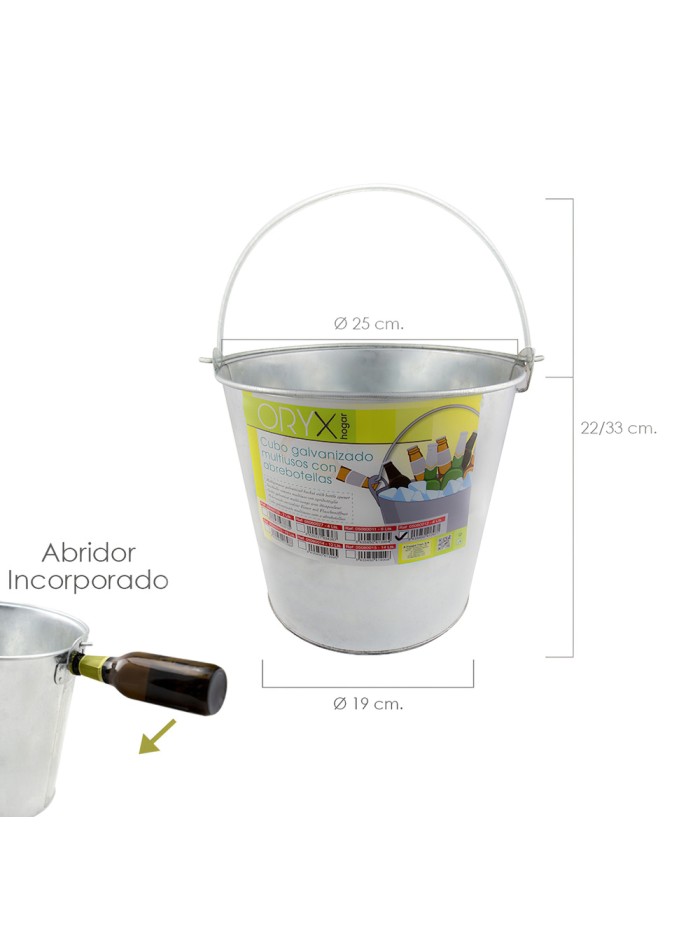 Cubo Zinc Metal Galvanizado Multiusos  8 Litros 25 x 19 x 22 (alt.) cm. con Abre Botellas