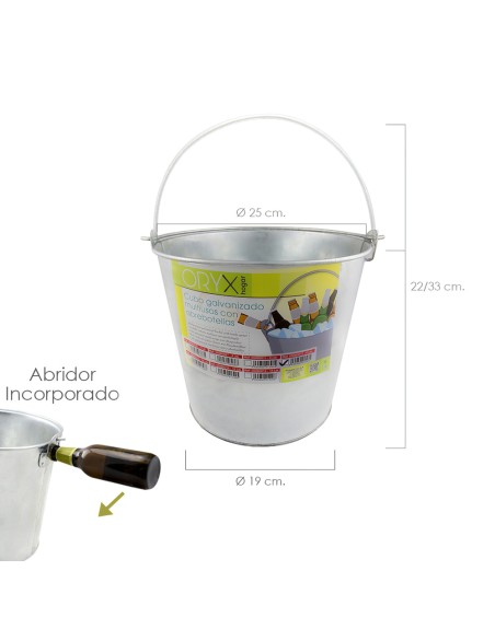 Cubo Zinc Metal Galvanizado Multiusos  8 Litros 25 x 19 x 22 (alt.) cm. con Abre Botellas