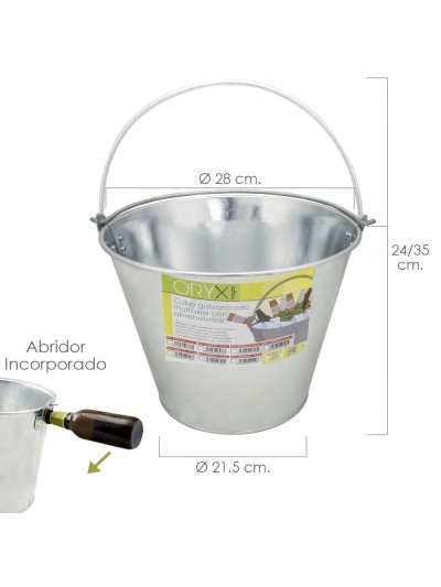 Cubo Zinc Metal Galvanizado Multiusos 10 Litros 28 x 21.5 x 24 (alt.) cm. con Abre Botellas