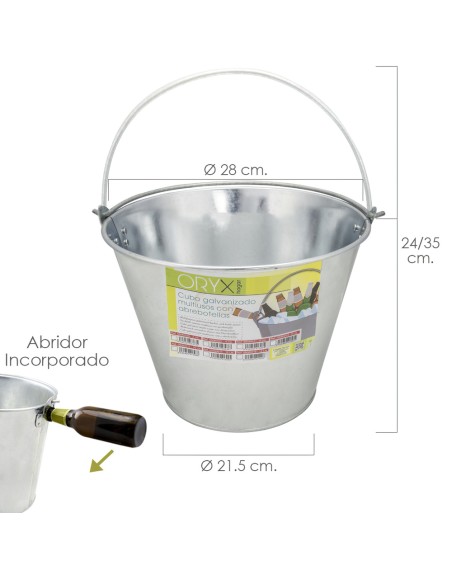 Cubo Zinc Metal Galvanizado Multiusos 10 Litros 28 x 21.5 x 24 (alt.) cm. con Abre Botellas