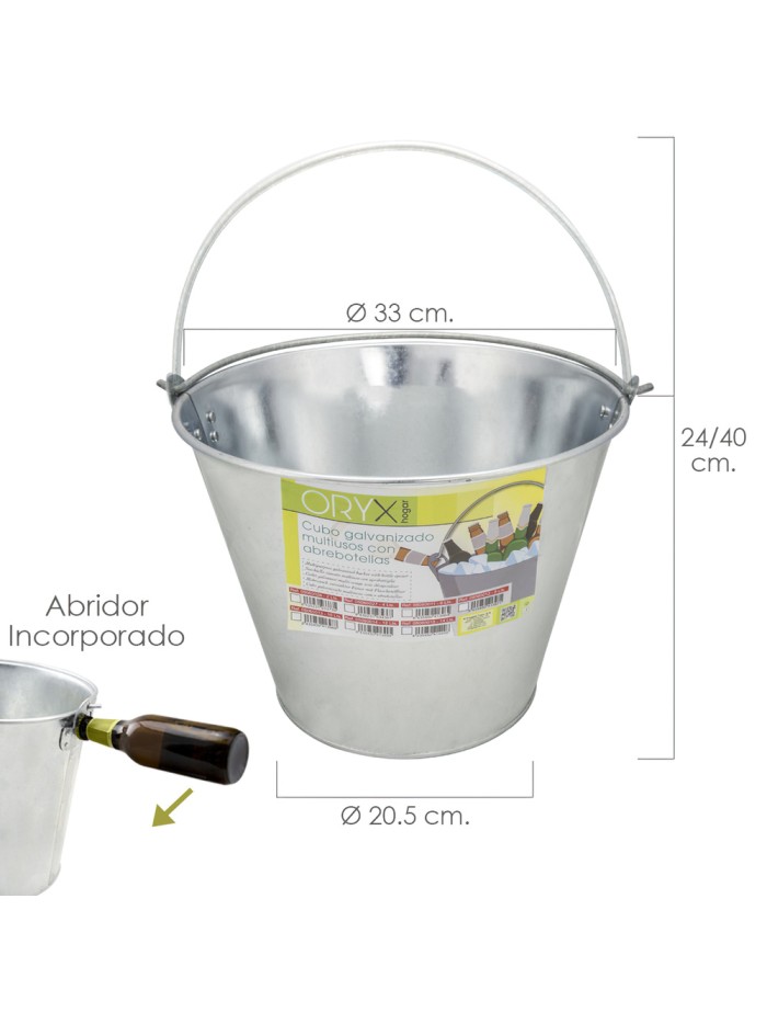 Cubo Zinc Metal Galvanizado Multiusos 12 Litros 33 x 20.5 x 24 (alt.) cm. con Abre Botellas