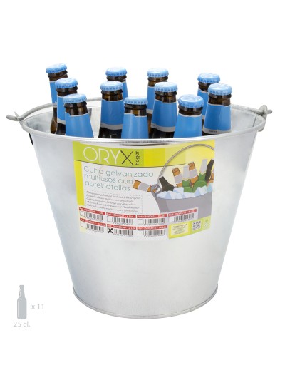Cubo Zinc Metal Galvanizado Multiusos 12 Litros 33 x 20.5 x 24 (alt.) cm. con Abre Botellas