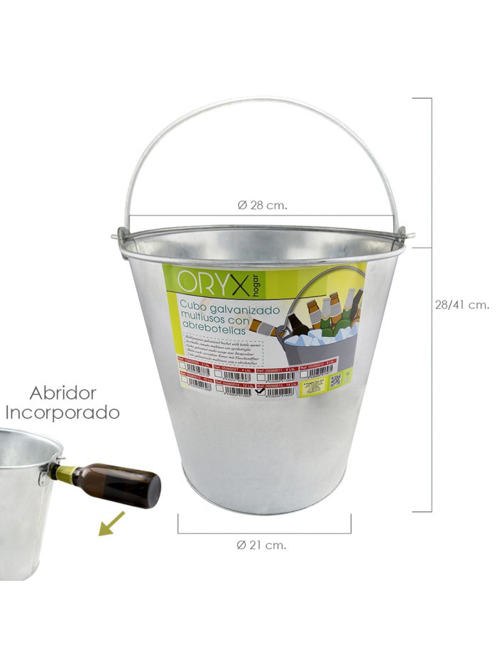 Cubo Zinc Metal Galvanizado Multiusos 14 Litros 28 x 21 x 28 (alt.) cm. con Abre Botellas