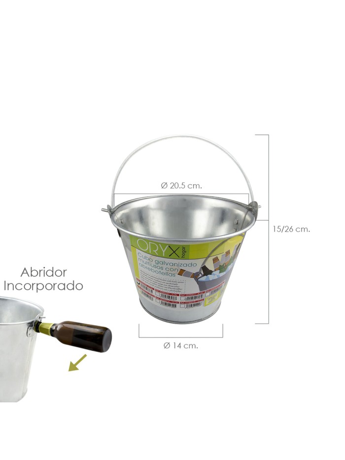 Cubo Zinc Metal Galvanizado Multiusos  2 Litros 20.5 x 14 x 15 (alt.) cm. con Abre Botellas