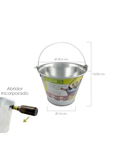 Cubo Zinc Metal Galvanizado Multiusos  2 Litros 20.5 x 14 x 15 (alt.) cm. con Abre Botellas
