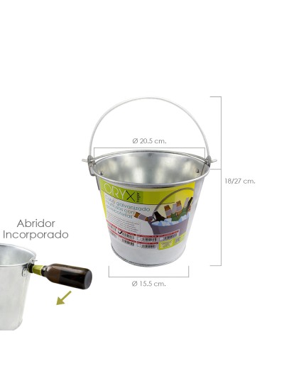 Cubo Zinc Metal Galvanizado Multiusos  4 Litros 20.5 x 18 x 15.5 (alt.) cm. con Abre Botellas