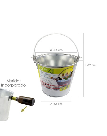 Cubo Zinc Metal Galvanizado Multiusos  4 Litros 20.5 x 18 x 15.5 (alt.) cm. con Abre Botellas
