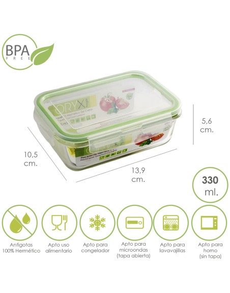 Recipiente Hermetico Cristal Rectangular  330 ml. 13.9 x 10.5 x 5.6 (alt) cm.
