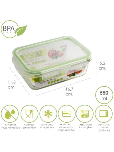 Recipiente Hermetico Cristal Rectangular 550 ml. 16.7 x 11.8 x 6.2 (alt) cm.