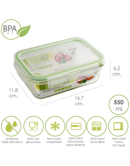 Recipiente Hermetico Cristal Rectangular 550 ml. 16.7 x 11.8 x 6.2 (alt) cm.
