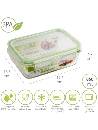 Recipiente Hermetico Cristal Rectangular 850 ml. 19.5 x 13.3 x 6.7 (alt) cm.