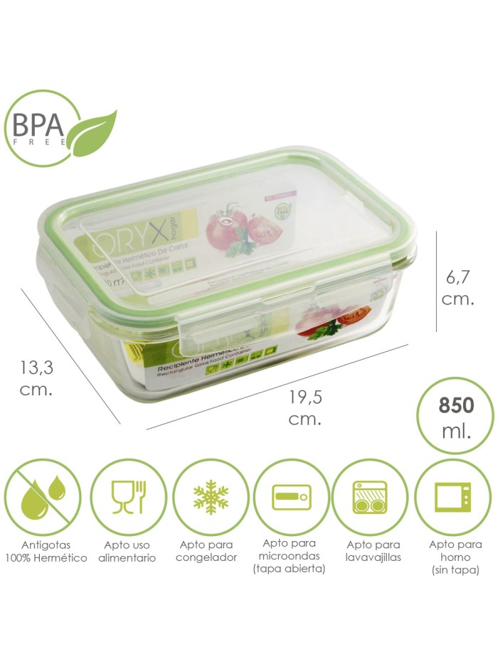 Recipiente Hermetico Cristal Rectangular 850 ml. 19.5 x 13.3 x 6.7 (alt) cm.