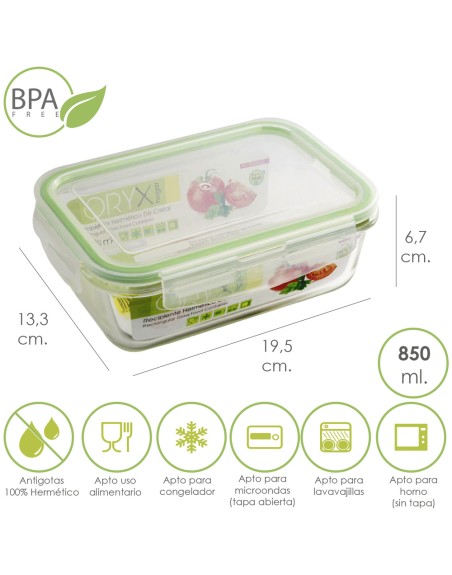 Recipiente Hermetico Cristal Rectangular 850 ml. 19.5 x 13.3 x 6.7 (alt) cm.