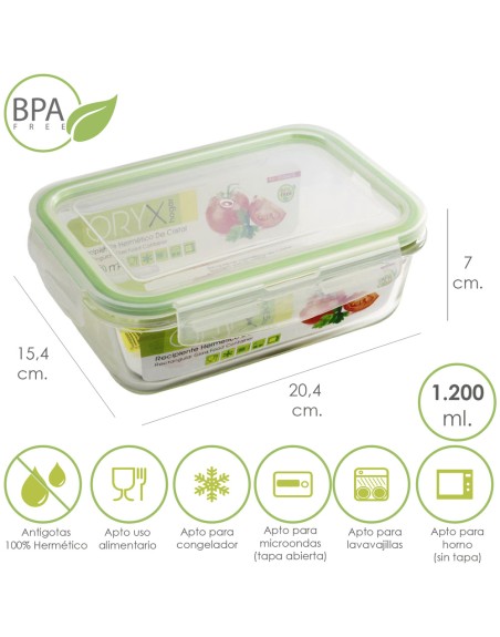 Recipiente Hermetico Cristal Rectangular 1200 ml. 20.4 x 15.4 x 7 (alt) cm.