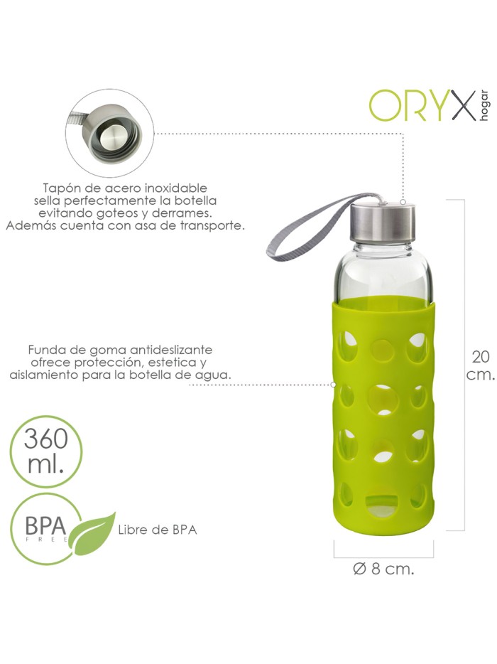 Botella Agua de Cristal, Capacidad De 360 ML. Libre BPA, Con Funda Goma y Tapon Antigotas