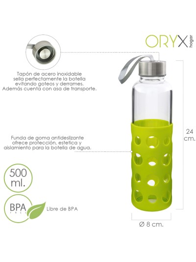 Botella Agua Fabricada En Cristal Con Funda De Goma y Tapon Antigotas, 500ml, Libre de BPA