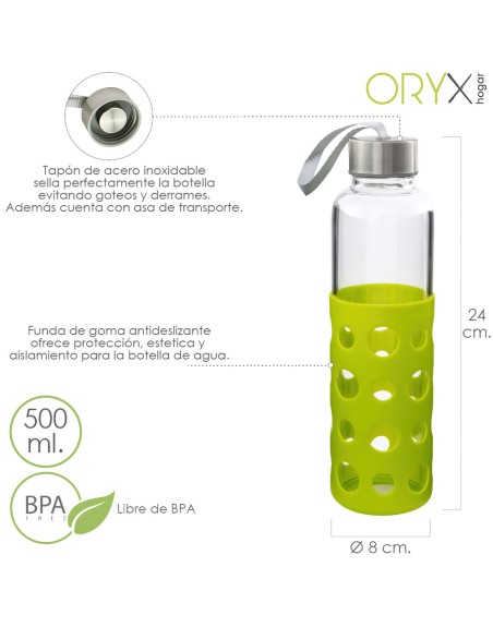 Botella Agua Fabricada En Cristal Con Funda De Goma y Tapon Antigotas, 500ml, Libre de BPA