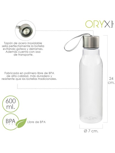 Botella Agua, Capacidad De 600 ML. Plastico Libre BPA, Con Asa, Tapon Acero Inoxidable.