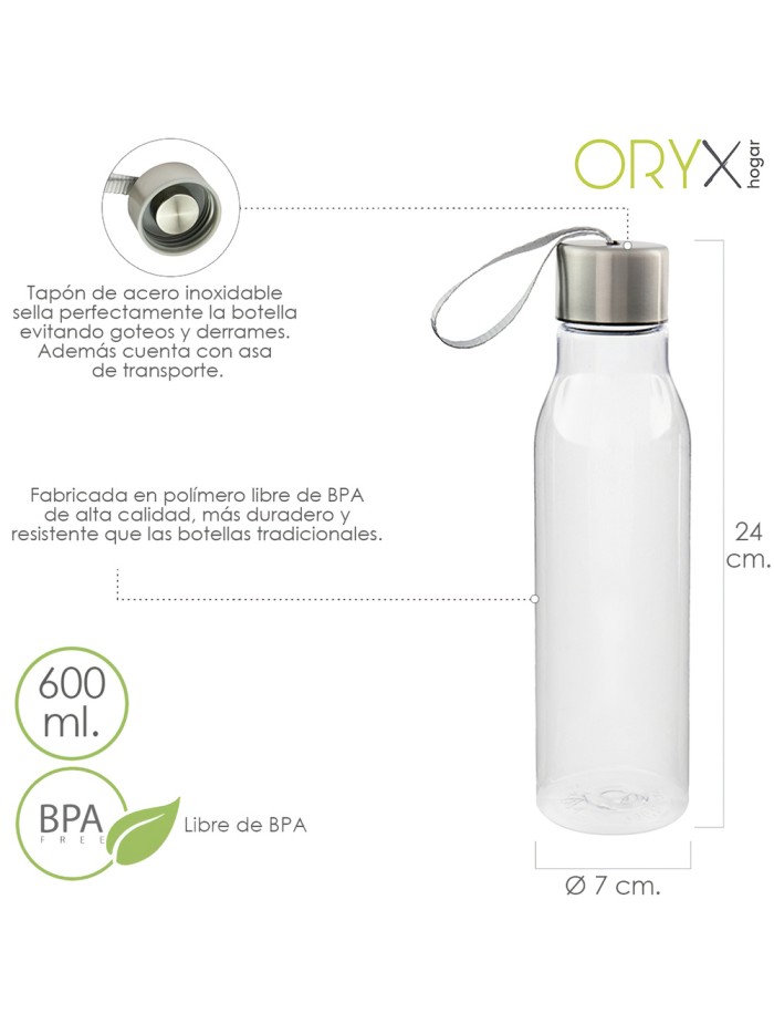 Botella Agua, Capacidad De 600 ML. Plastico Libre BPA, Con Asa, Tapon Acero Inoxidable.