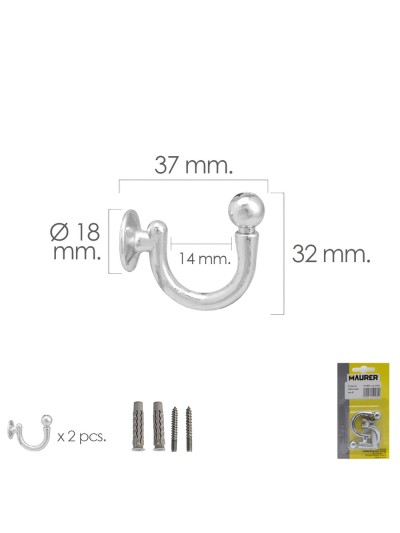 Gancho Cromado Atornillabe 37 mm. Con tacos y tornillos (Blister 2 piezas)