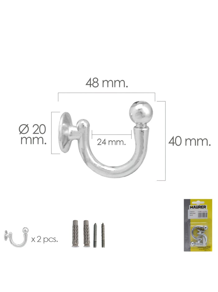 Gancho Cromado Atornillabe 48 mm. Con tacos y tornillos (Blister 2 piezas)