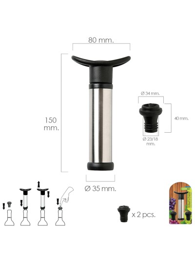 Bomba Vacio Vino Acero Inoxidable Con 2 Tapones