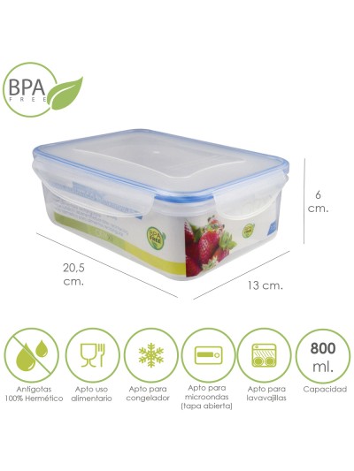Recipiente Hermetico Plastico Rectangular 800 ml. 20.5x13x6 (Alt.) cm.