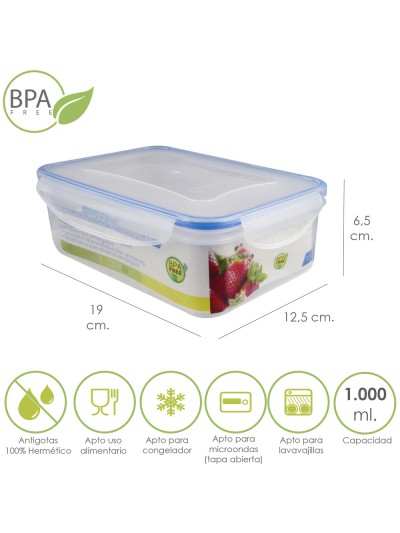 Recipiente Hermetico Plastico Rectangular 1.000 ml. 19x12.5x6.5 (Alt.) cm.