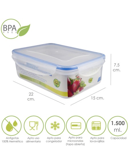 Recipiente Hermetico Plastico Rectangular 1.500 ml. 22x15x7.5 (Alt.) cm.