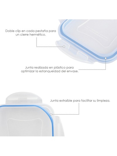 Recipiente Hermetico Plastico Rectangular 1.500 ml. 22x15x7.5 (Alt.) cm.
