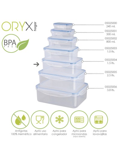 Recipiente Hermetico Plastico Rectangular 1.500 ml. 22x15x7.5 (Alt.) cm.