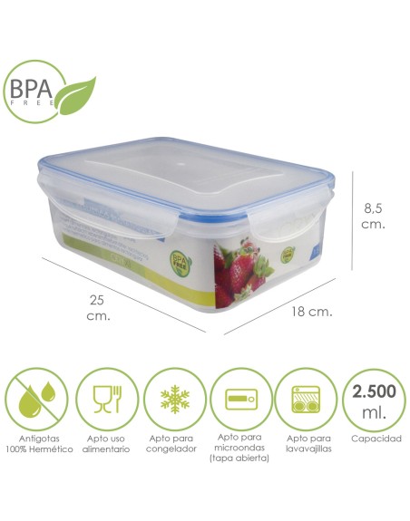 Recipiente Hermetico Plastico Rectangular 2.500 ml. 25x18x8.5 (Alt.) cm.