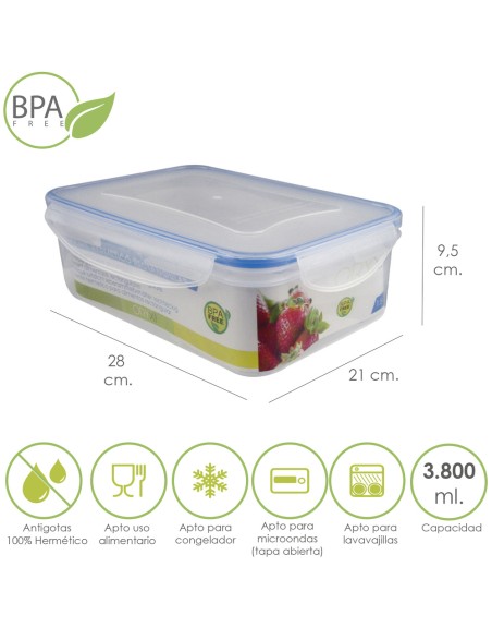 Recipiente Hermetico Plastico Rectangular 3.800 ml. 28x21x9.5 (Alt.) cm.
