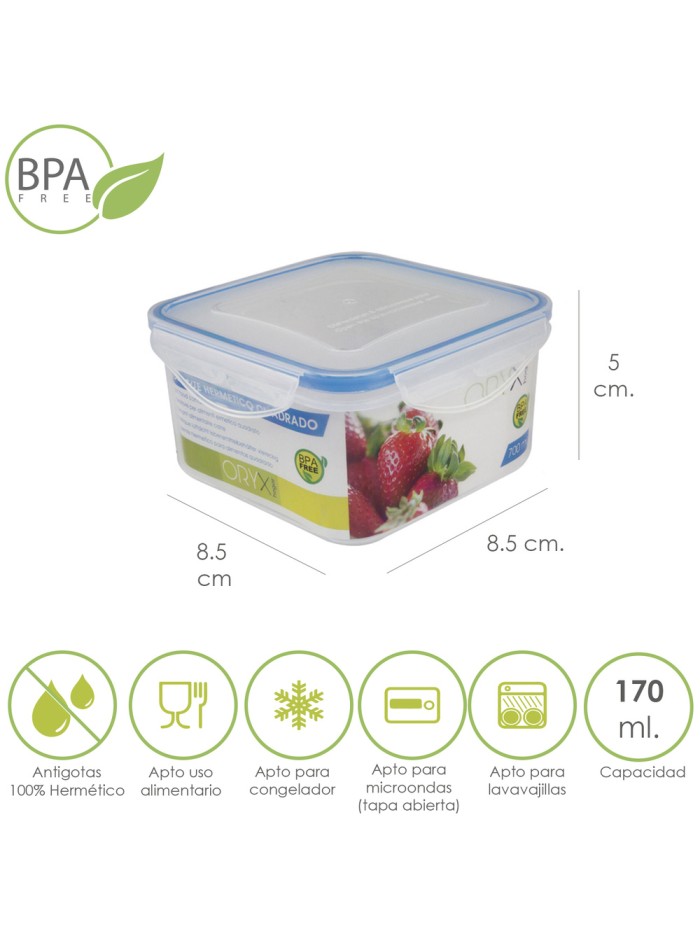 Recipiente Hermetico Plastico Cuadrado 170 ml.  8.5x8.5x5 (Alt.) cm.