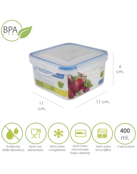 Recipiente Hermetico Plastico Cuadrado 400 ml.  11x11x6 (Alt.) cm.