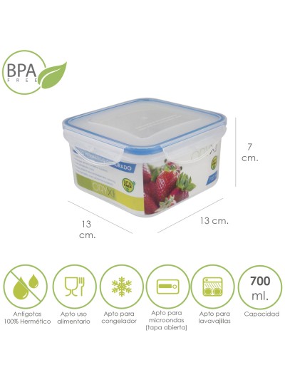 Recipiente Hermetico Plastico Cuadrado 700 ml.  13x13x7 (Alt.) cm.