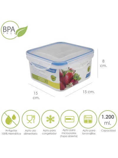 Recipiente Hermetico Plastico Cuadrado 1200 ml.  15x15x8 (Alt.) cm.