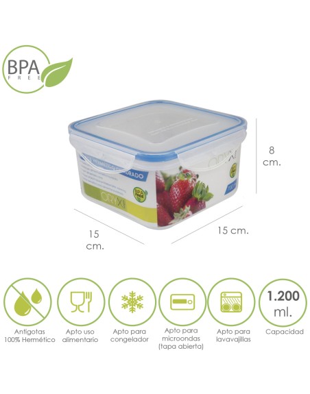 Recipiente Hermetico Plastico Cuadrado 1200 ml.  15x15x8 (Alt.) cm.