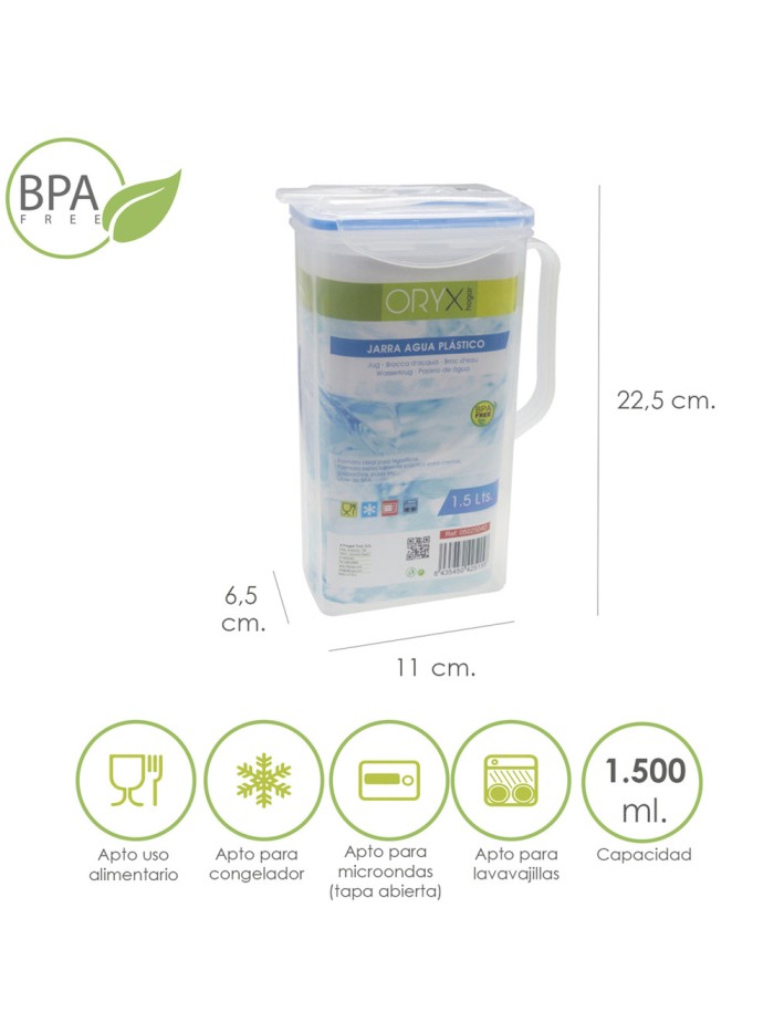 Jarra Plastico Cuadrada 1.500 ml. 11 x 6.5 x 22.5 (alt) cm.