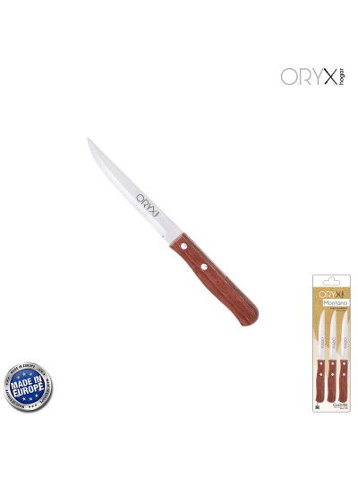 Cuchillo Montana Multiusos Hoja Lisa Acero Inoxidable 11 cm. Mango Madera (Blister 3 piezas)