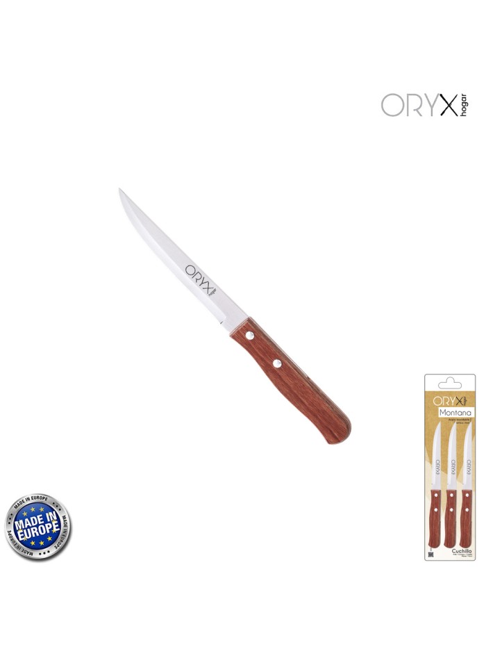 Cuchillo Montana Multiusos Hoja Lisa Acero Inoxidable 11 cm. Mango Madera (Blister 3 piezas)