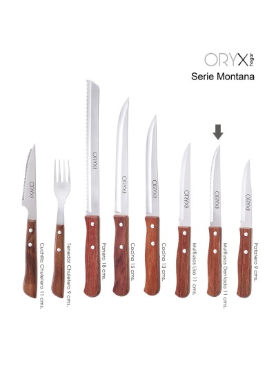 Cuchillo Montana Multiusos Hoja Lisa Acero Inoxidable 11 cm. Mango Madera (Blister 3 piezas)