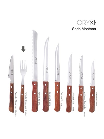 Tenedor Montana Chuletero Acero Inoxidable 9 cm. Mango Madera (Blister 3 Piezas)