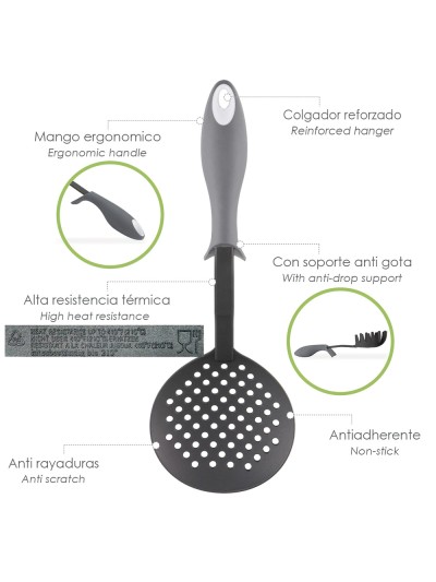 Espumadera Cocina Nylon Con Mango Antigotas Engomado 35 x 11,7 cm.