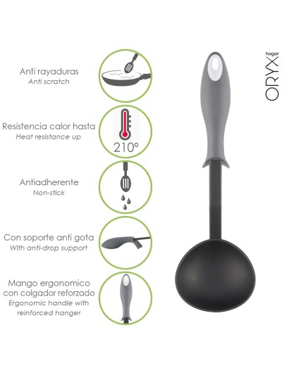 Cucharon Servir Cocina Nylon Con Mango Antigotas Engomado 32 x 9,8 cm.