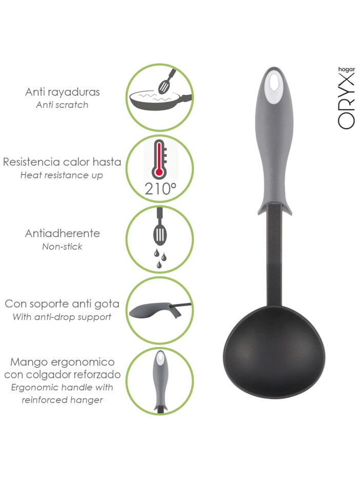 Cucharon Servir Cocina Nylon Con Mango Antigotas Engomado 32 x 9,8 cm.