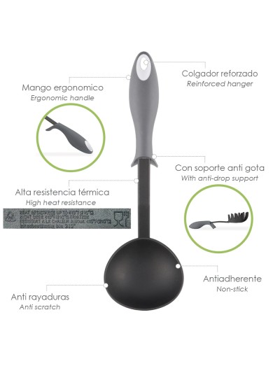 Cucharon Servir Cocina Nylon Con Mango Antigotas Engomado 32 x 9,8 cm.